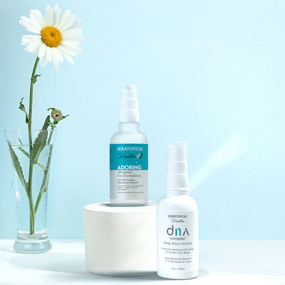 Adoring Eye Serum on Pedestal and DNA Complex below with Daisy in a vase in the background