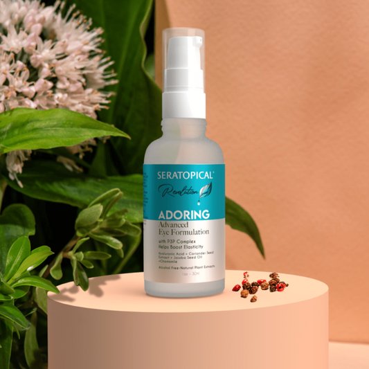 Seratopical Revolution Adoring Eye Serum with Flowers in Background
