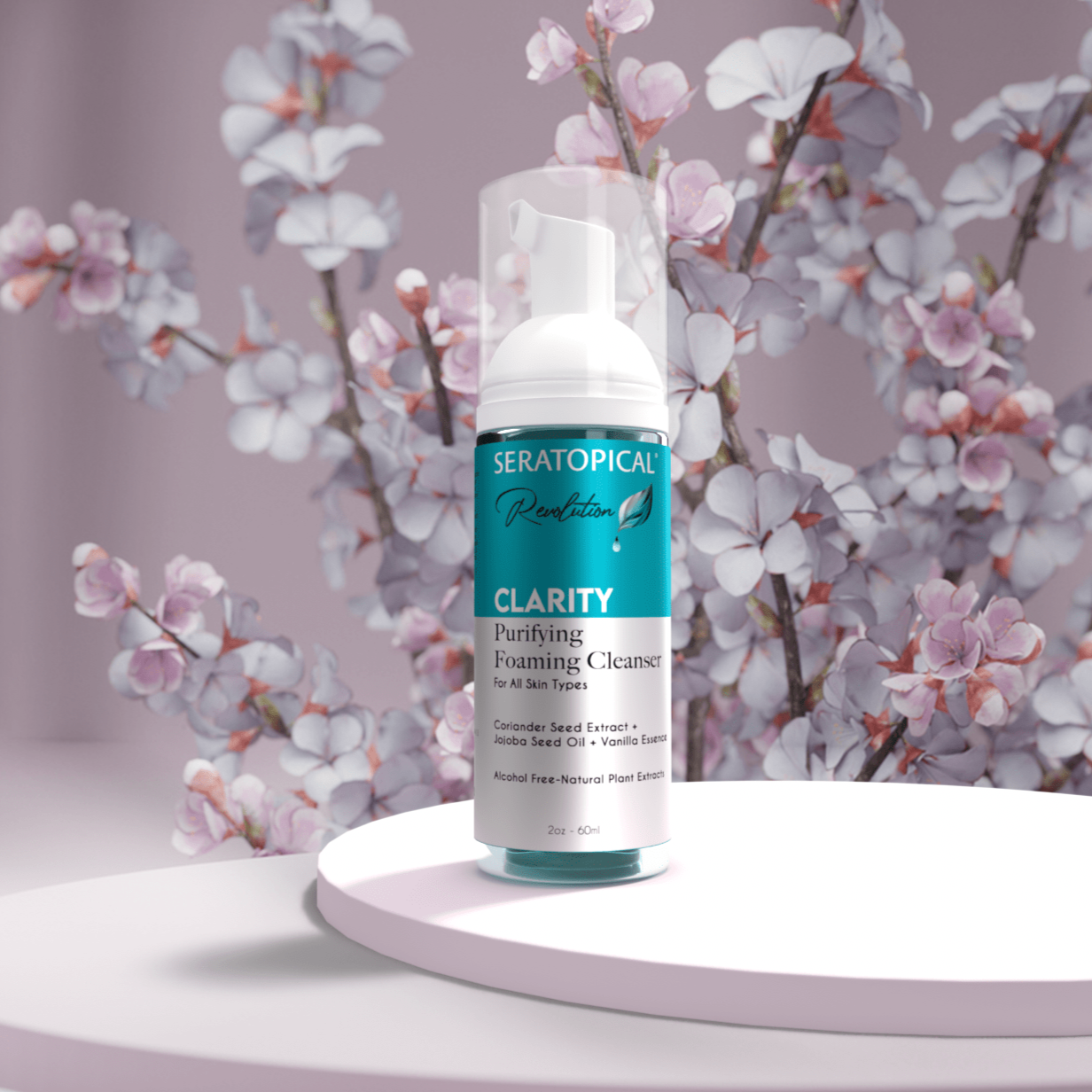 Seratopical Revolution Clarity Purifying Foaming Cleanser in front of flowers